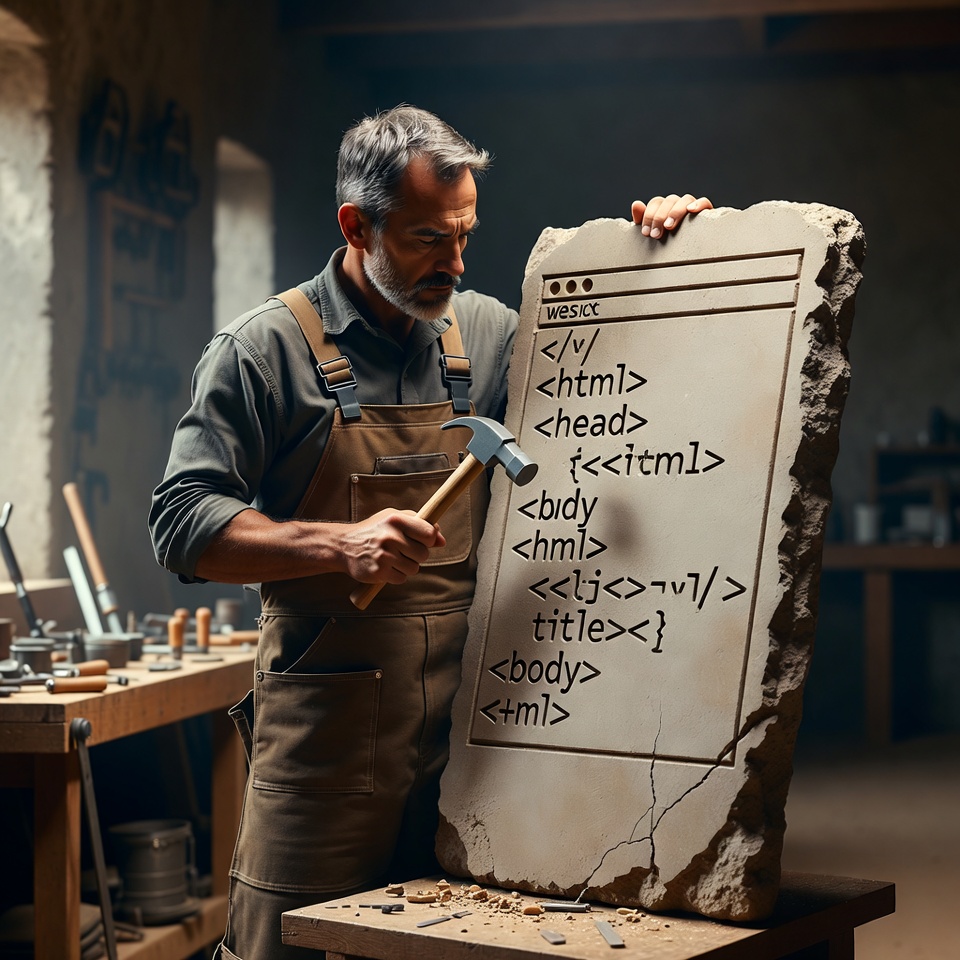 Craftsman carving HTML tags into a stone tablet with a hammer